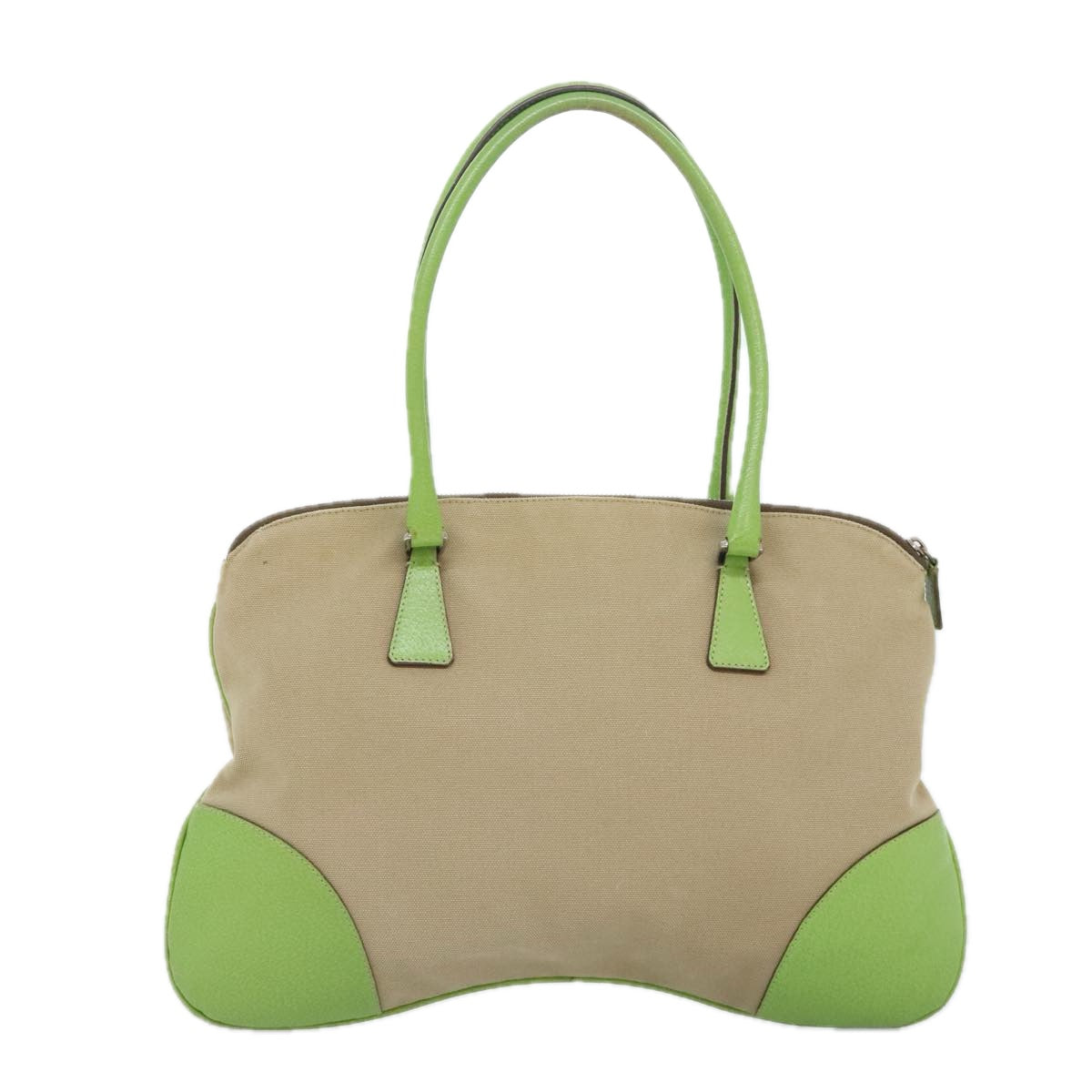 PRADA Hand Bag Canvas Beige Green Silver Auth 92186 - 0