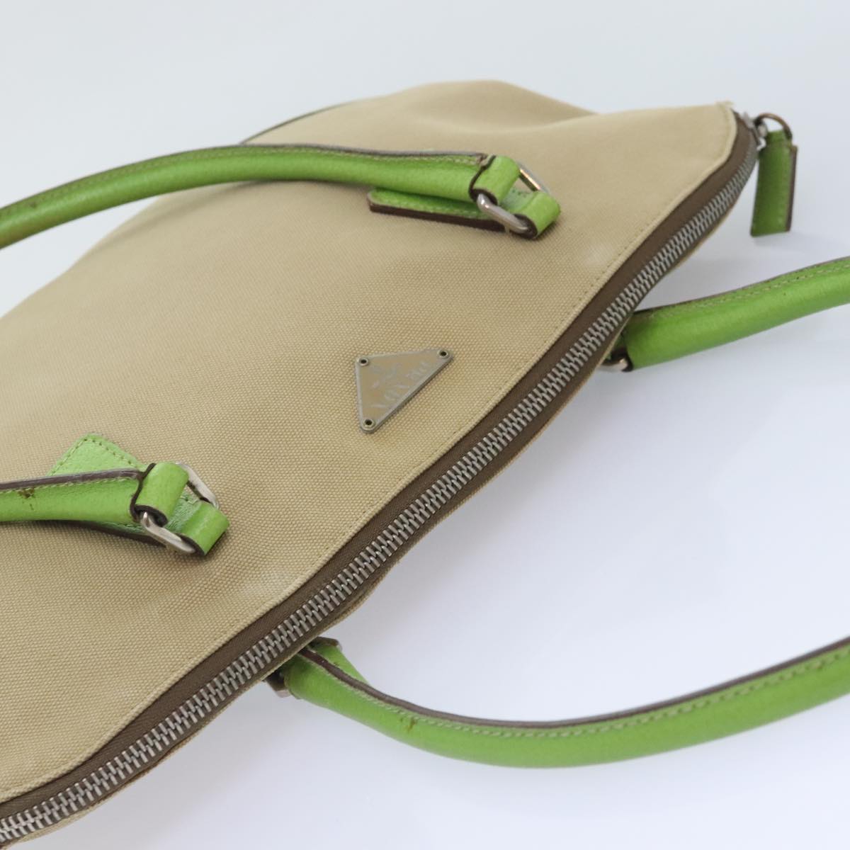 PRADA Hand Bag Canvas Beige Green Silver Auth 92186