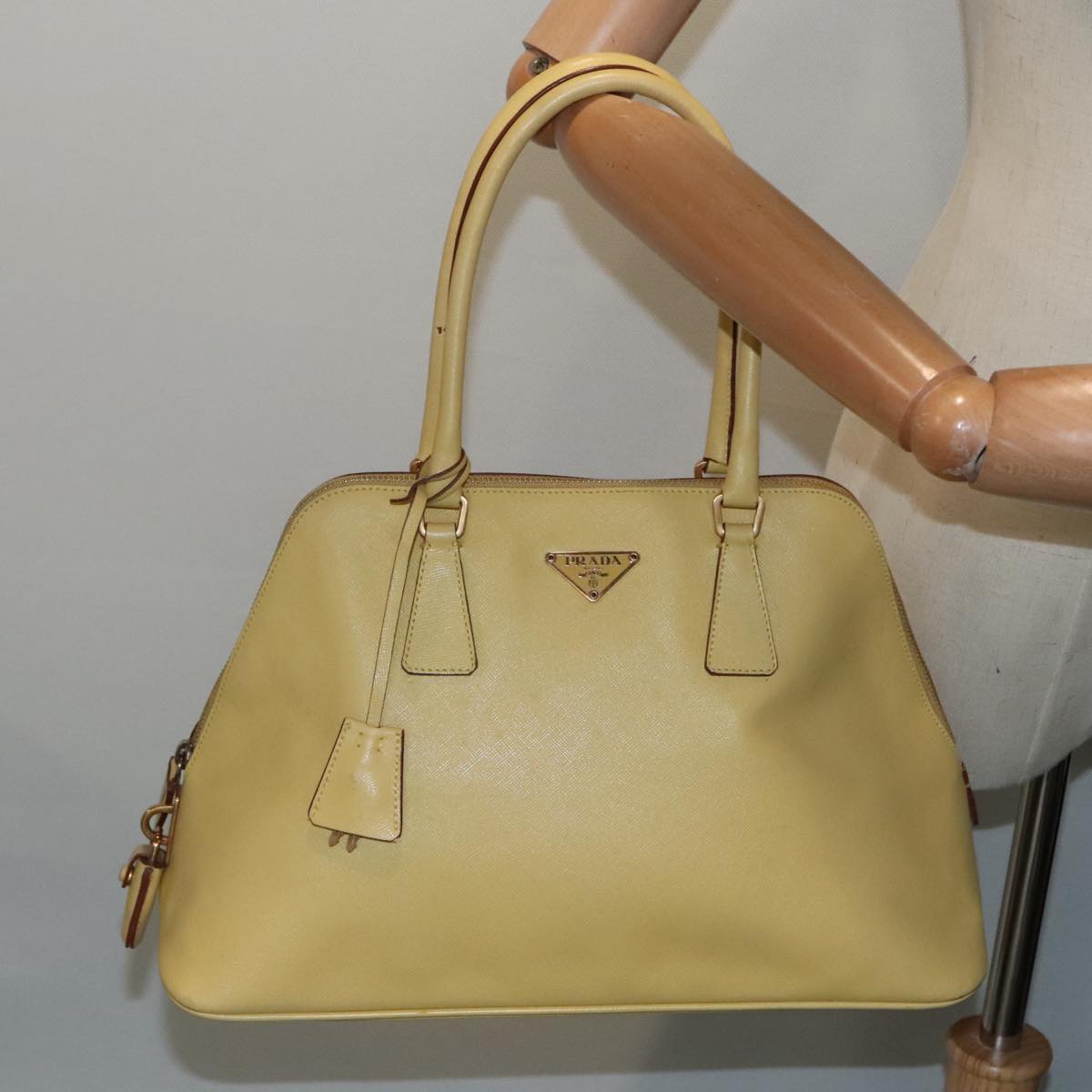 PRADA Hand Bag Safiano leather Yellow Gold Auth 92195