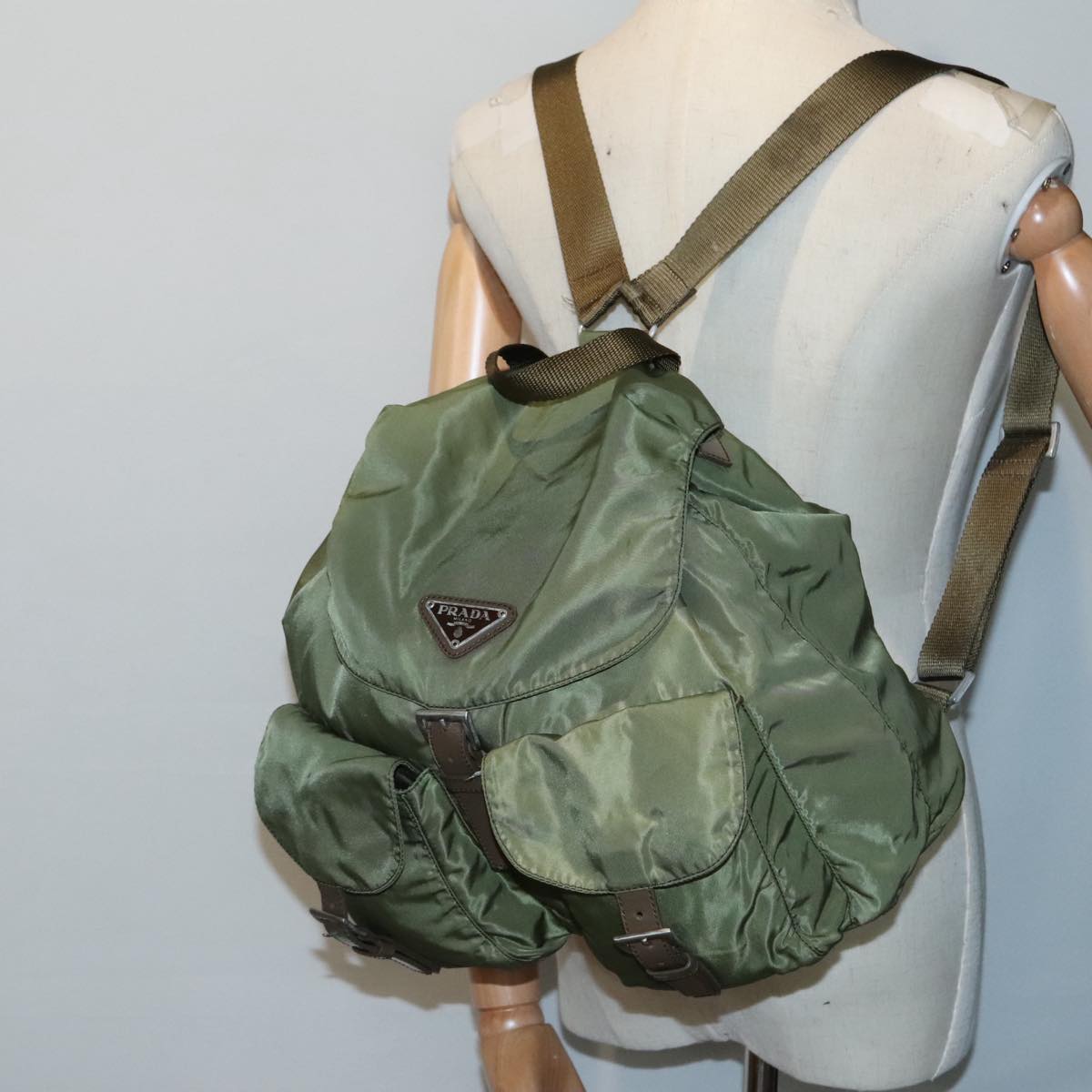 PRADA Backpack Nylon Khaki Silver Auth 92200