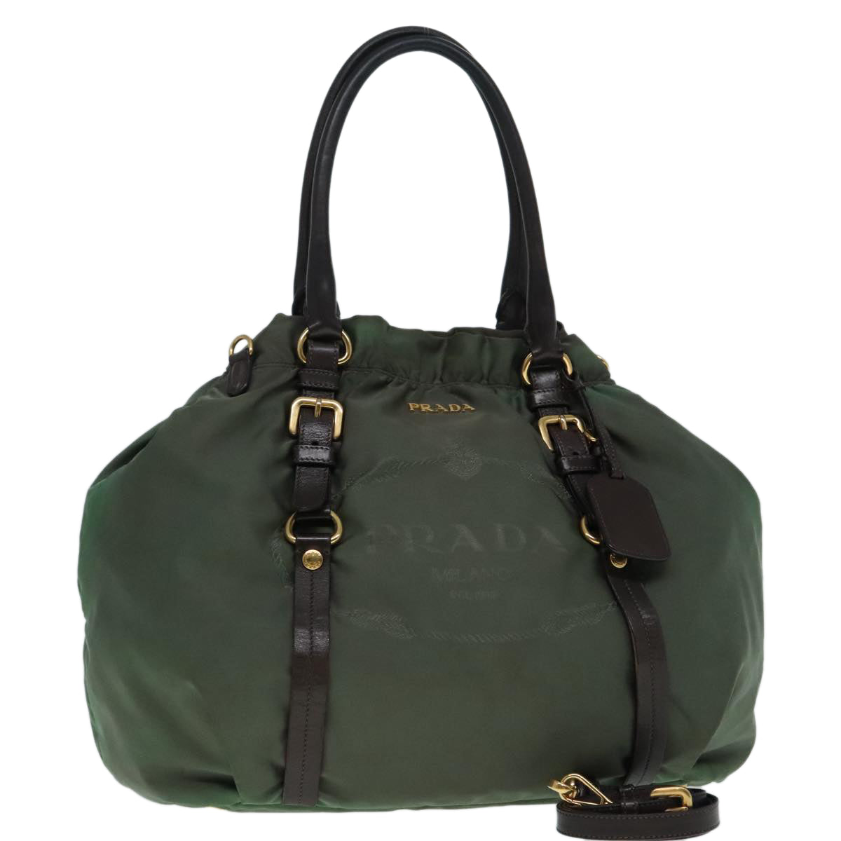 PRADA Hand Bag Nylon 2way Khaki Gold Auth 92201