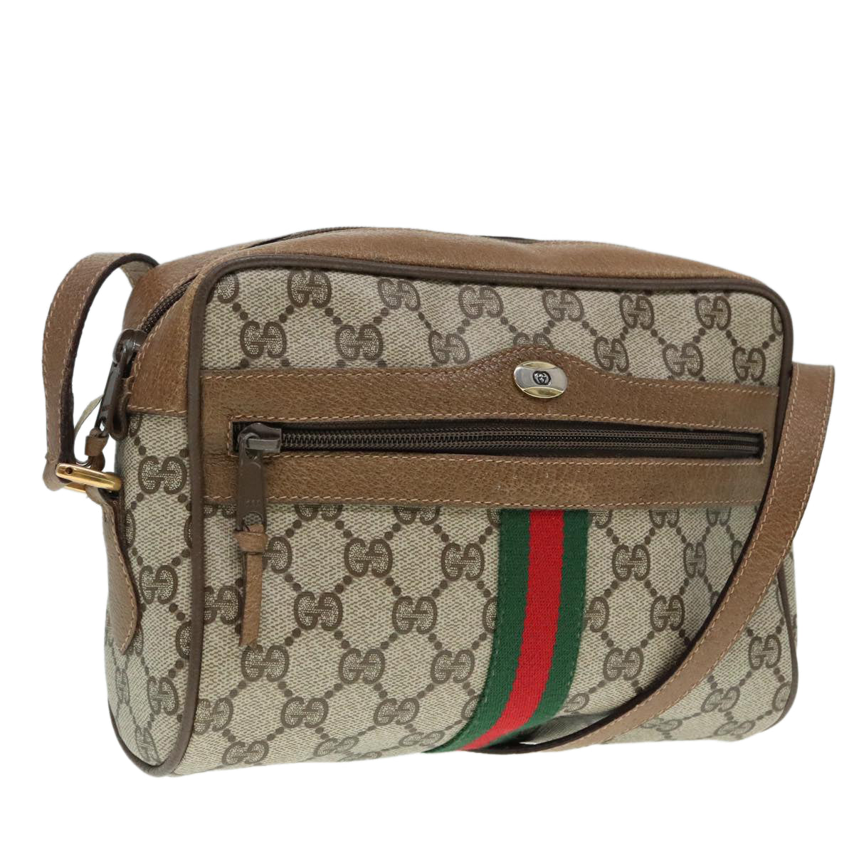 GUCCI GG Canvas Web Sherry Line Shoulder Bag PVC Leather Beige Green Auth 92223