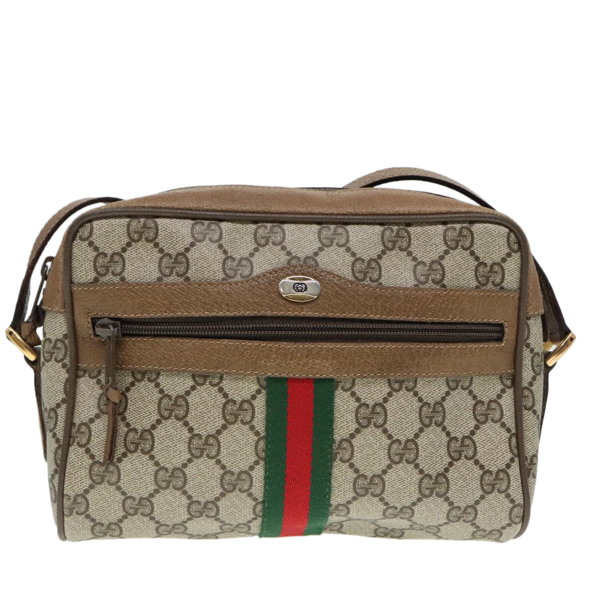 GUCCI GG Canvas Web Sherry Line Shoulder Bag PVC Leather Beige Green Auth 92223