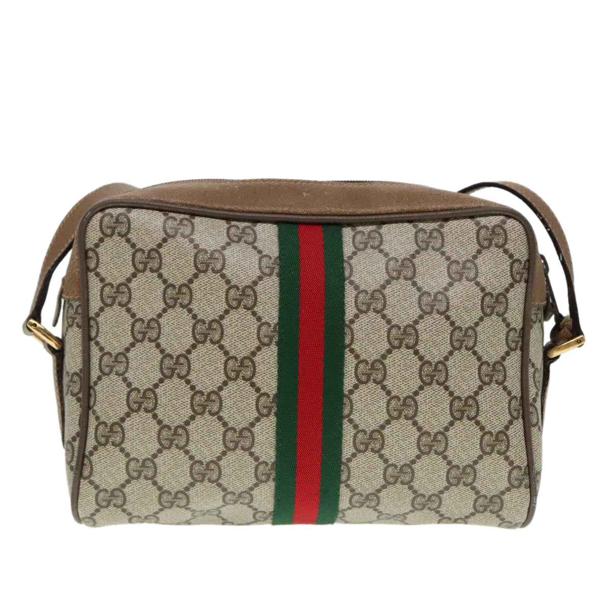 GUCCI GG Canvas Web Sherry Line Shoulder Bag PVC Leather Beige Green Auth 92223