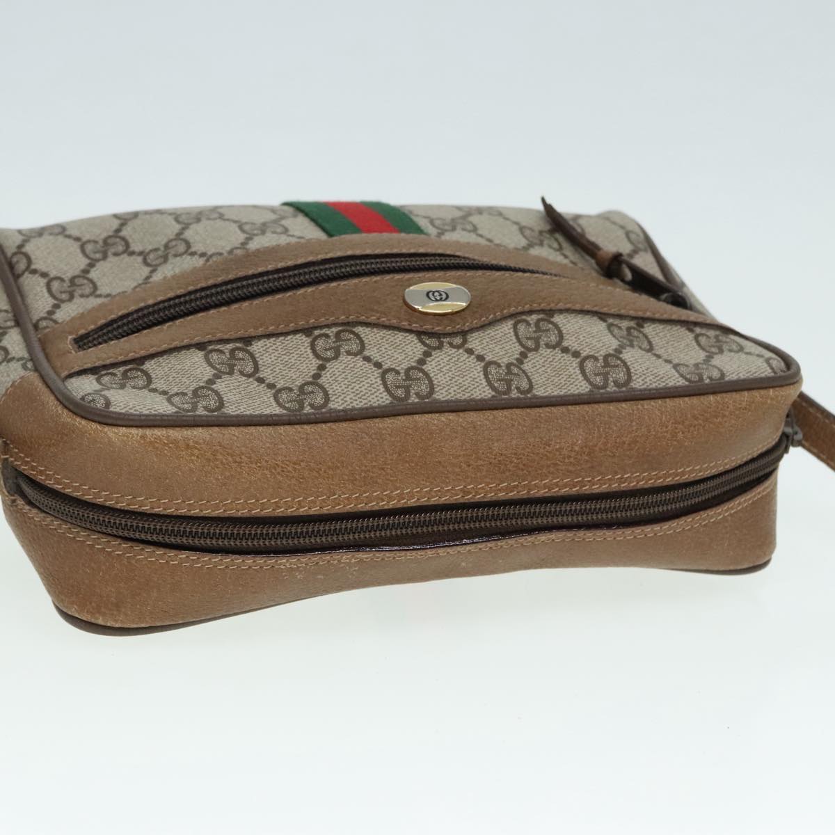 GUCCI GG Canvas Web Sherry Line Shoulder Bag PVC Leather Beige Green Auth 92223