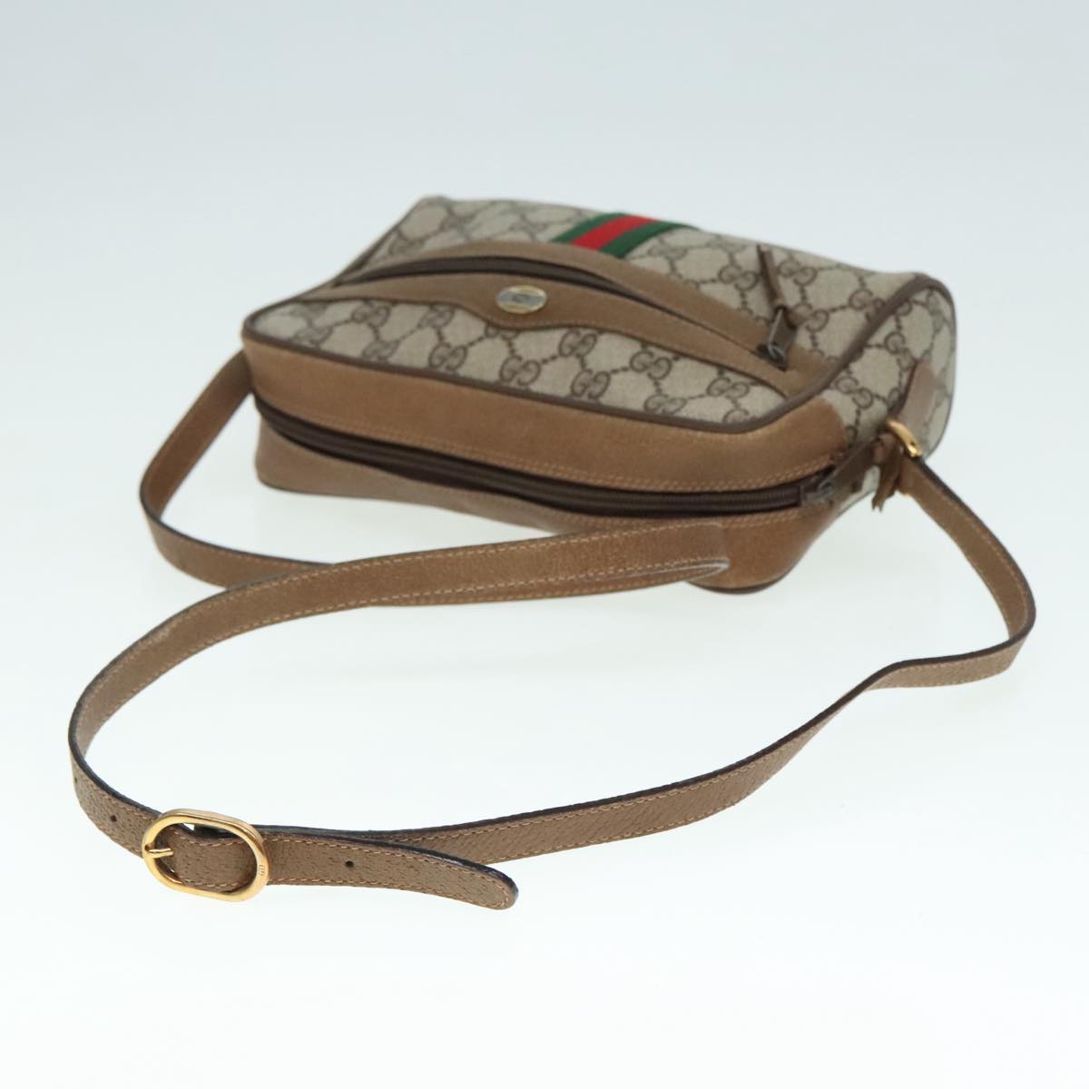 GUCCI GG Canvas Web Sherry Line Shoulder Bag PVC Leather Beige Green Auth 92223