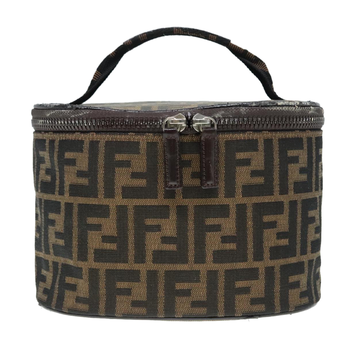 FENDI Zucca Canvas Vanity Hand Bag Brown Black Silver Auth 92279