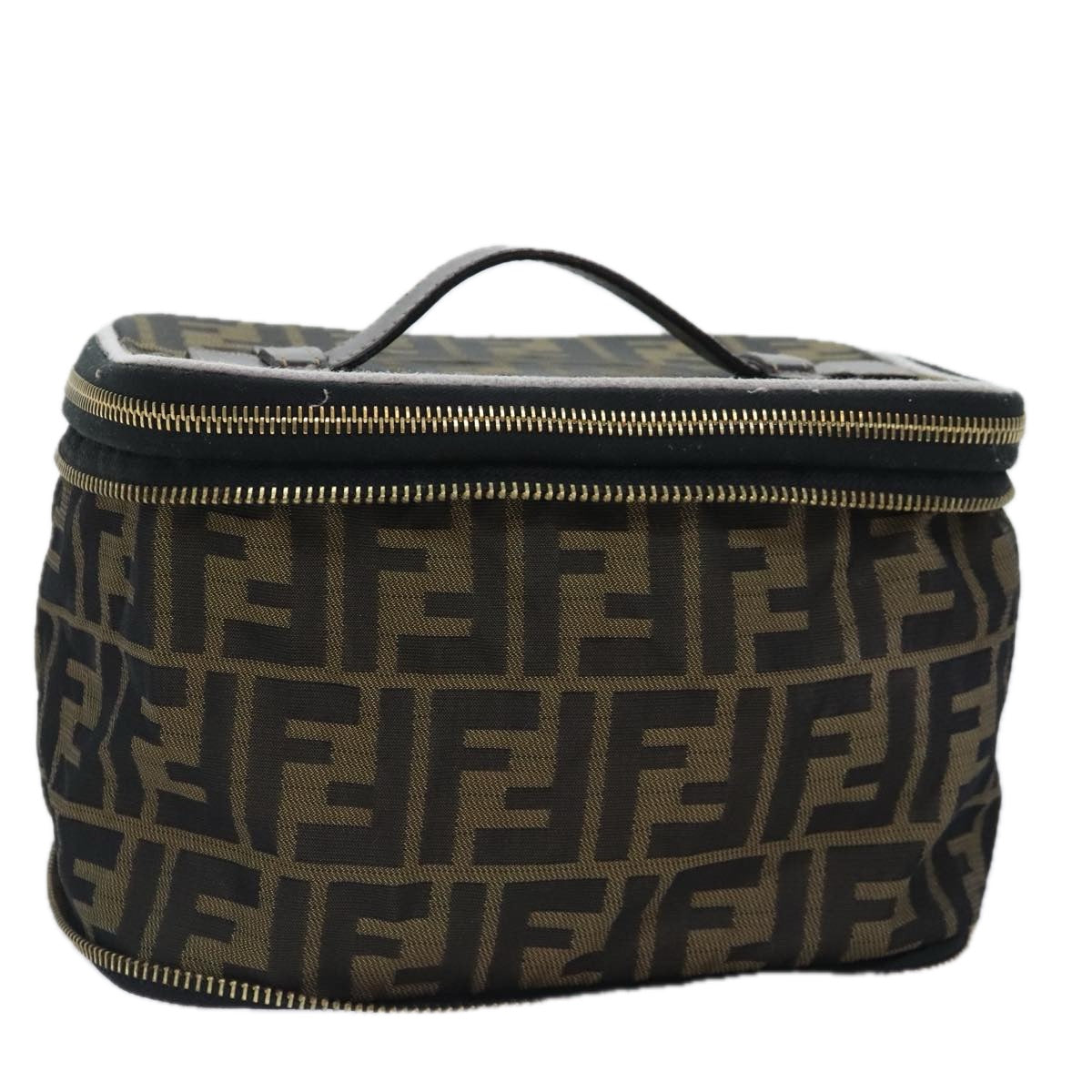 FENDI Zucca Canvas Vanity Pouch Brown Black gold Auth 92315