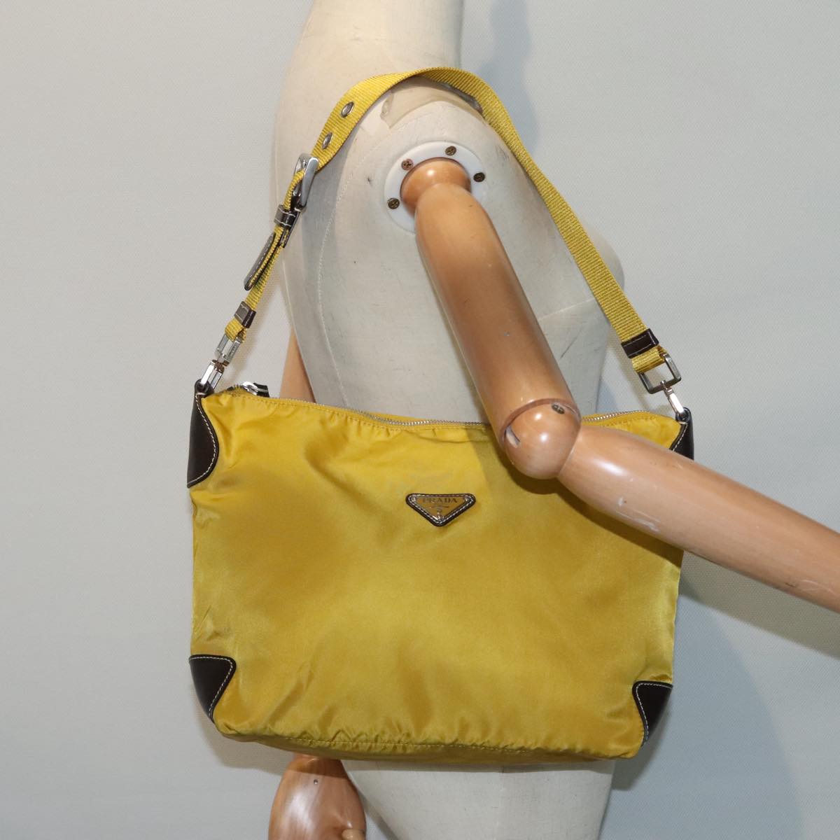 PRADA Shoulder Bag Nylon Yellow Silver Auth 92335