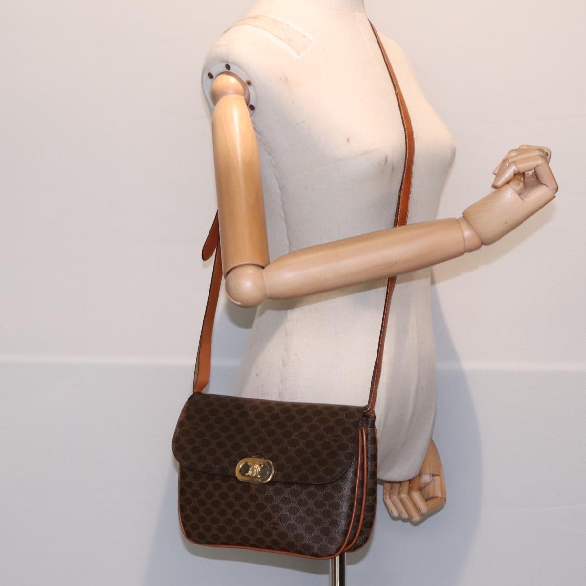 CELINE Macadam Canvas Shoulder Bag PVC Leather Brown Gold Auth 92340