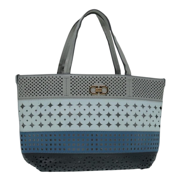 Salvatore Ferragamo Tragetasche Leder Grau Gold Auth 92341