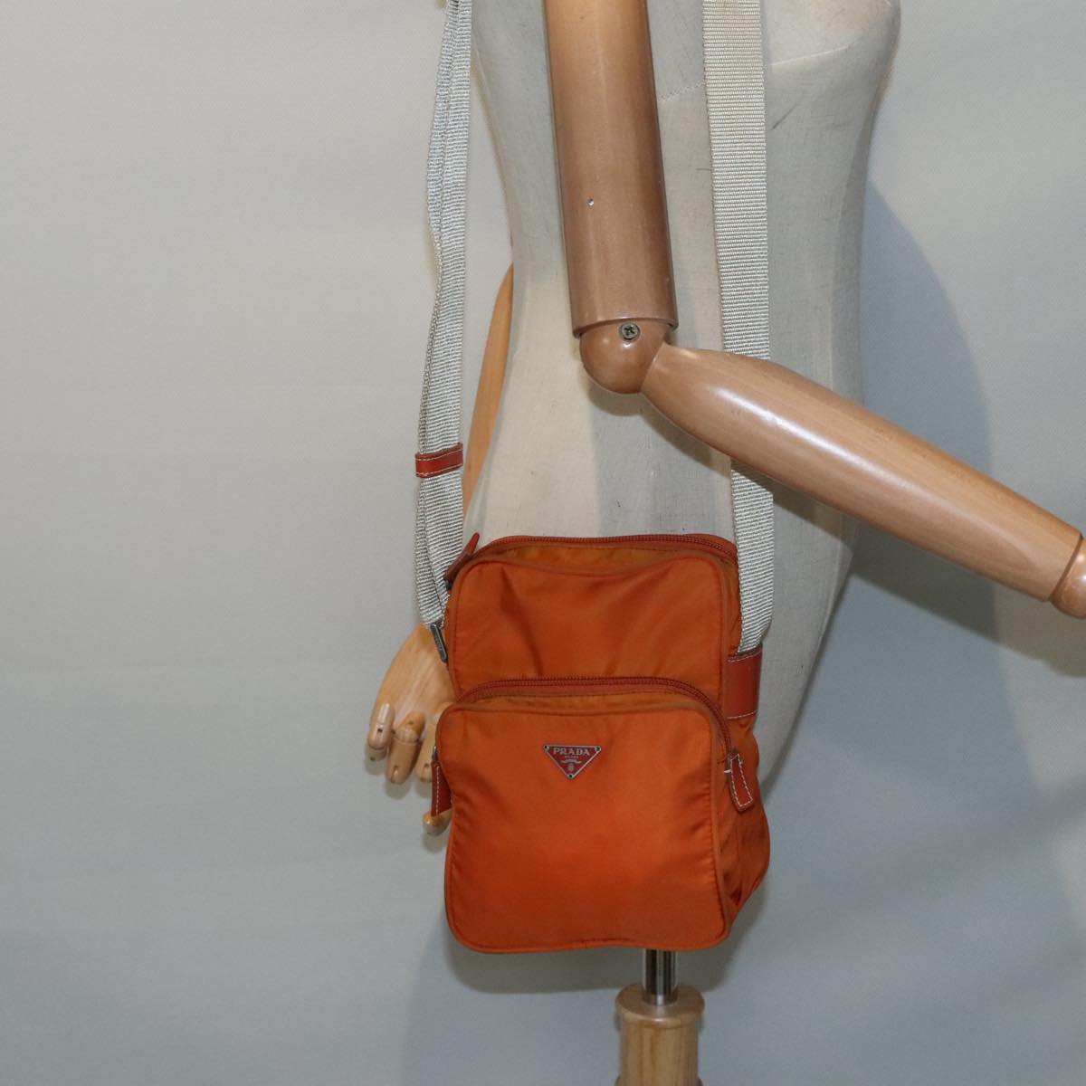 PRADA Shoulder Bag Nylon Orange Silver Auth 92345