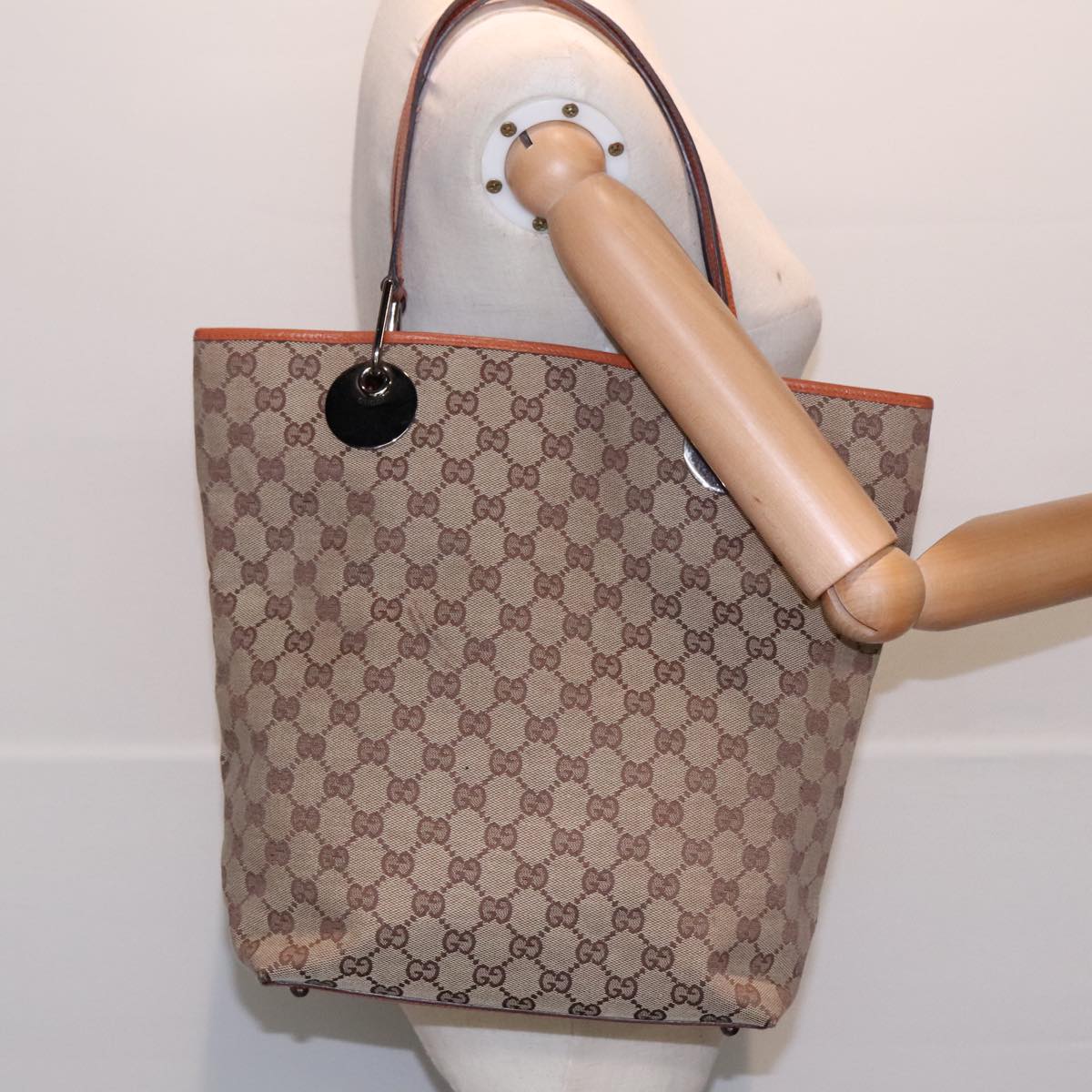 GUCCI GG Canvas Tote Bag Beige Orange Auth 92386