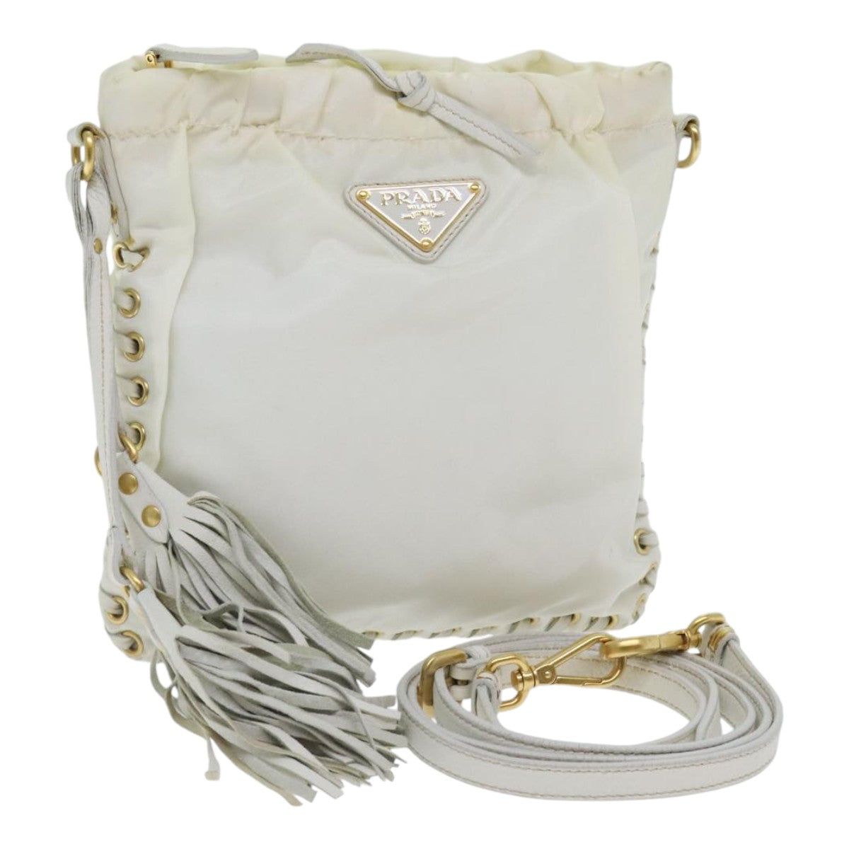 PRADA Shoulder Bag Nylon White Gold Auth 92404