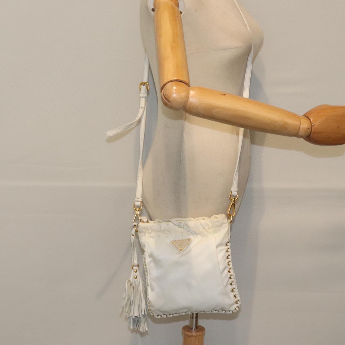 PRADA Shoulder Bag Nylon White Gold Auth 92404