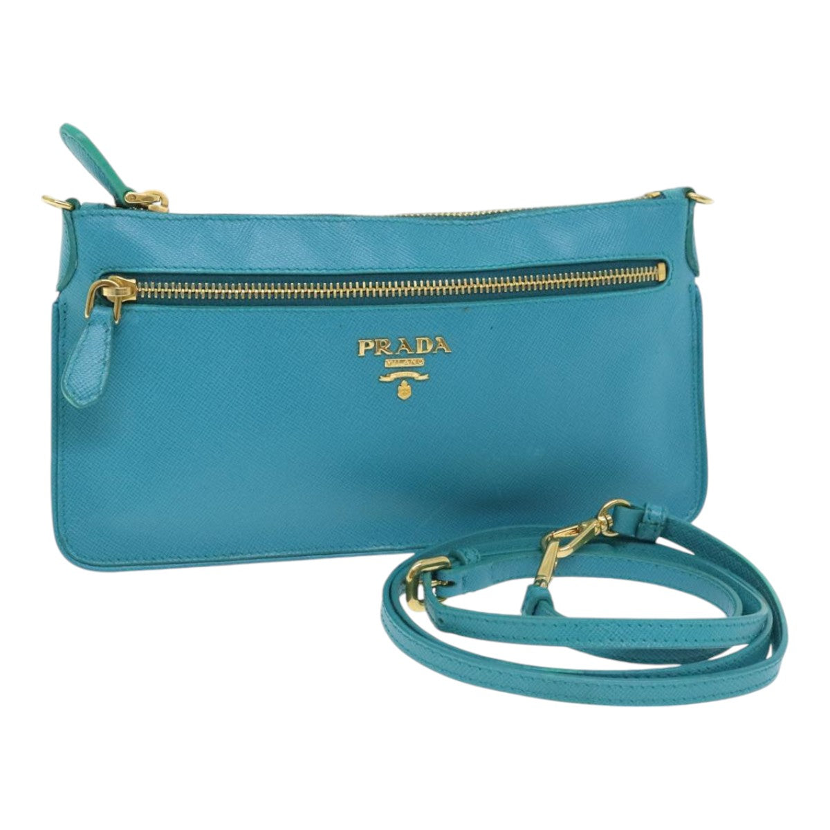 PRADA Shoulder Pouch Safiano leather Turquoise Blue Gold Auth 92427