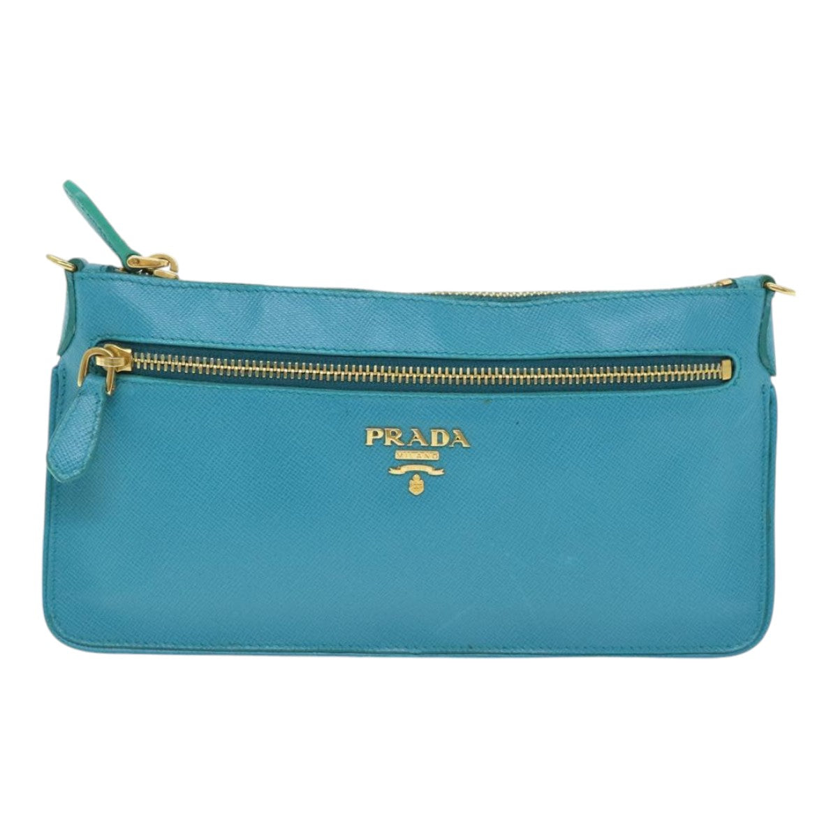 PRADA Shoulder Pouch Safiano leather Turquoise Blue Gold Auth 92427