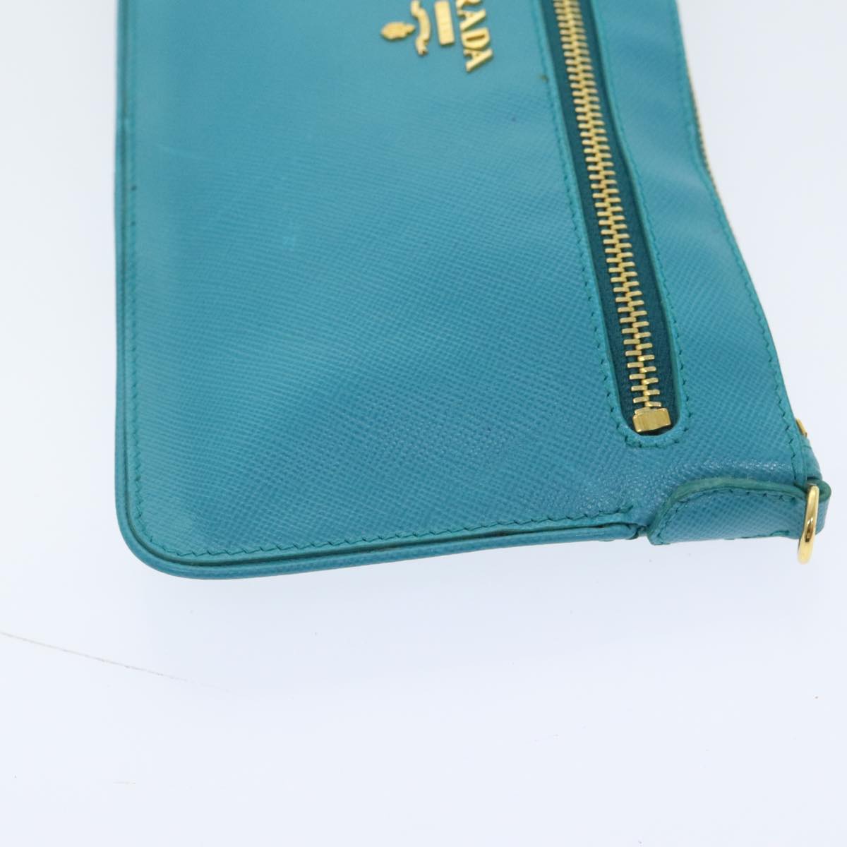 PRADA Shoulder Pouch Safiano leather Turquoise Blue Gold Auth 92427