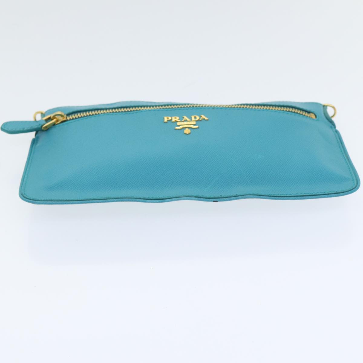 PRADA Shoulder Pouch Safiano leather Turquoise Blue Gold Auth 92427