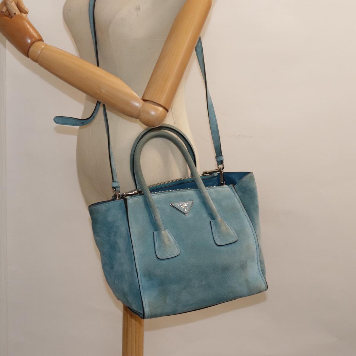 PRADA Hand Bag Suede 2way Blue Silver Auth 92428