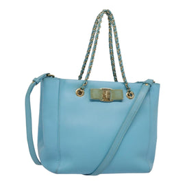 Salvatore Ferragamo Hand Bag Safiano leather 2way Light Blue Gold Auth 92430