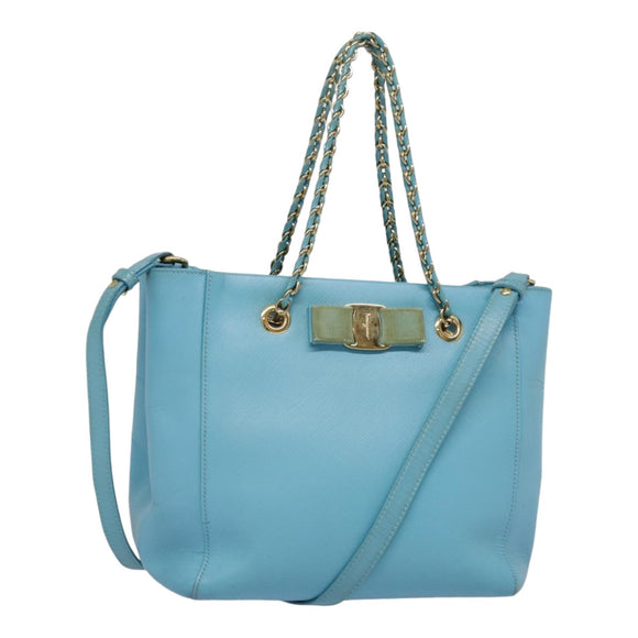 Salvatore Ferragamo Handtasche Saffiano-Leder 2-Wege Hellblau Gold Orig 92430