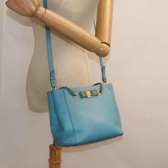 Salvatore Ferragamo Handtasche Saffiano-Leder 2-Wege Hellblau Gold Orig 92430