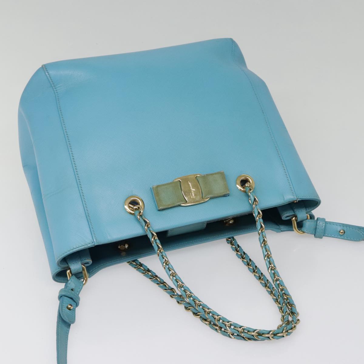 Salvatore Ferragamo Hand Bag Safiano leather 2way Light Blue Gold Auth 92430