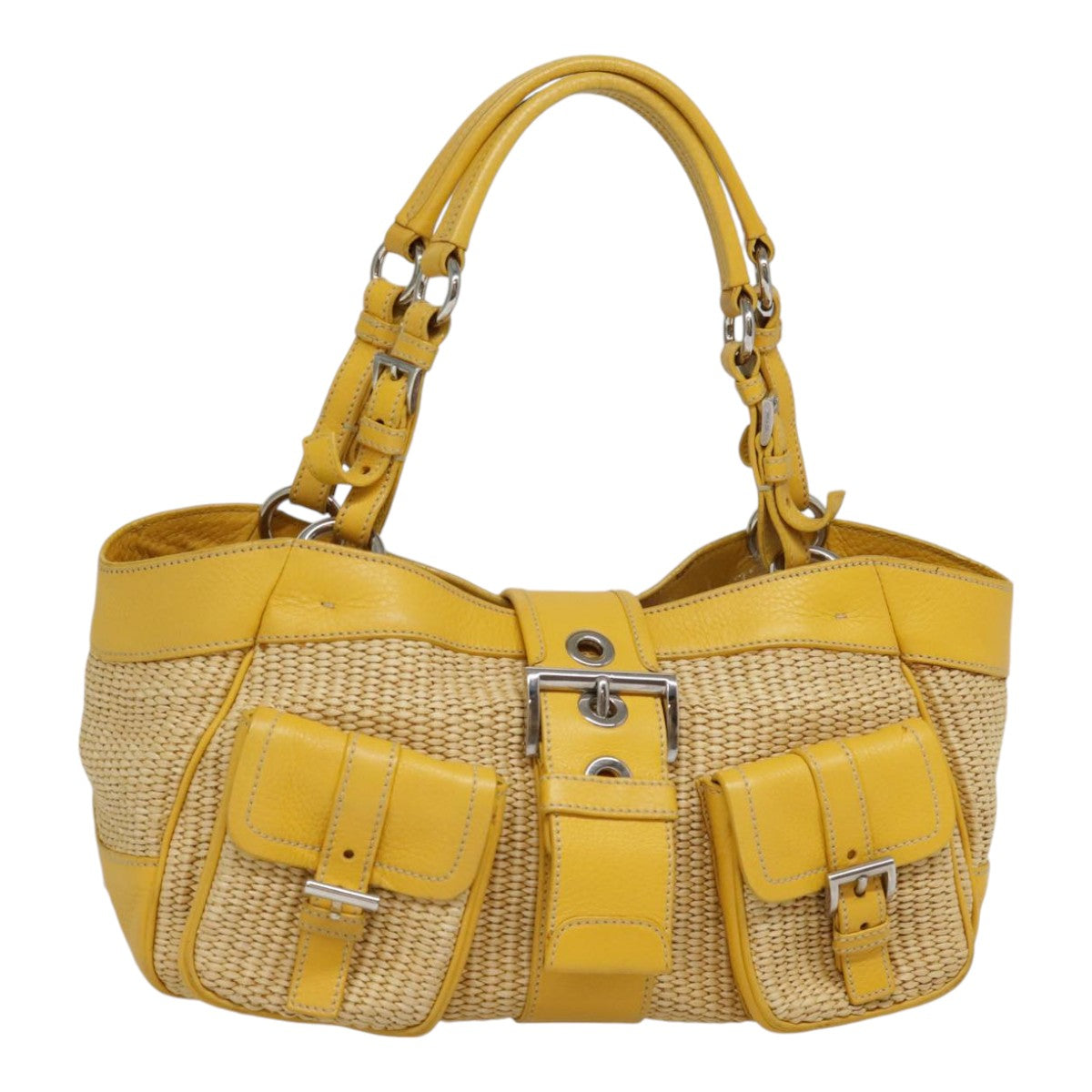 PRADA Tote Bag Straw Beige Yellow Silver Auth 92434