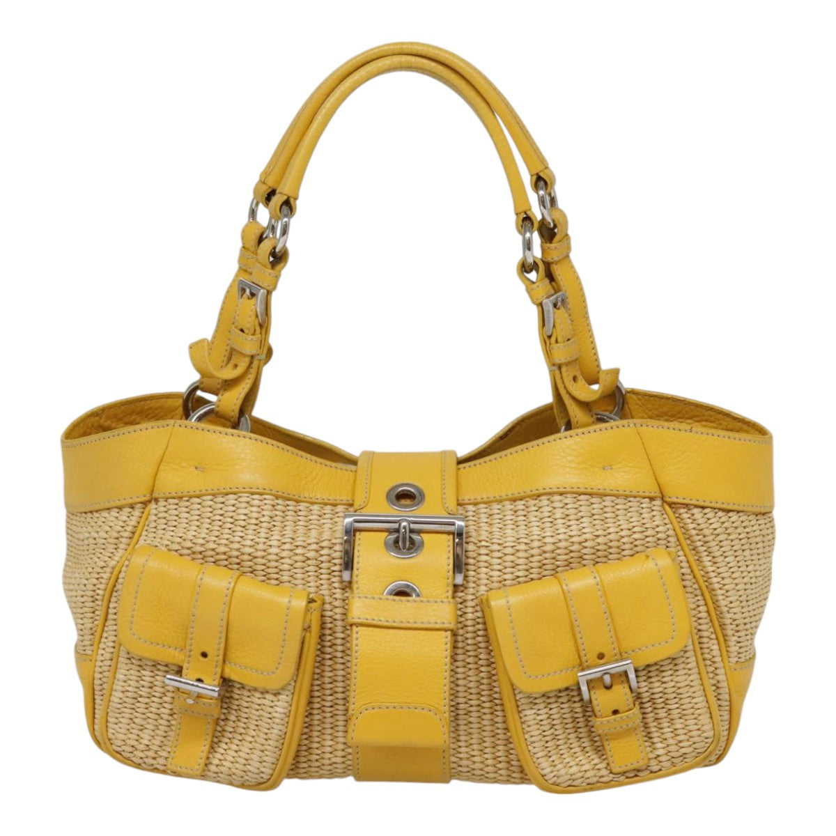 PRADA Tote Bag Straw Beige Yellow Silver Auth 92434