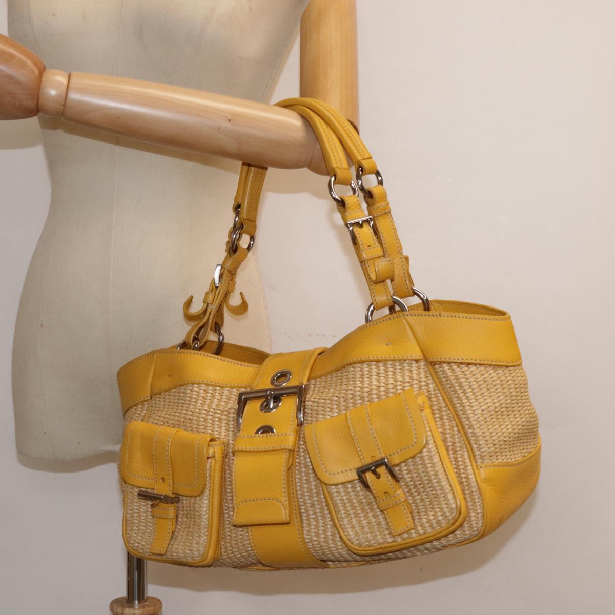 PRADA Tote Bag Straw Beige Yellow Silver Auth 92434