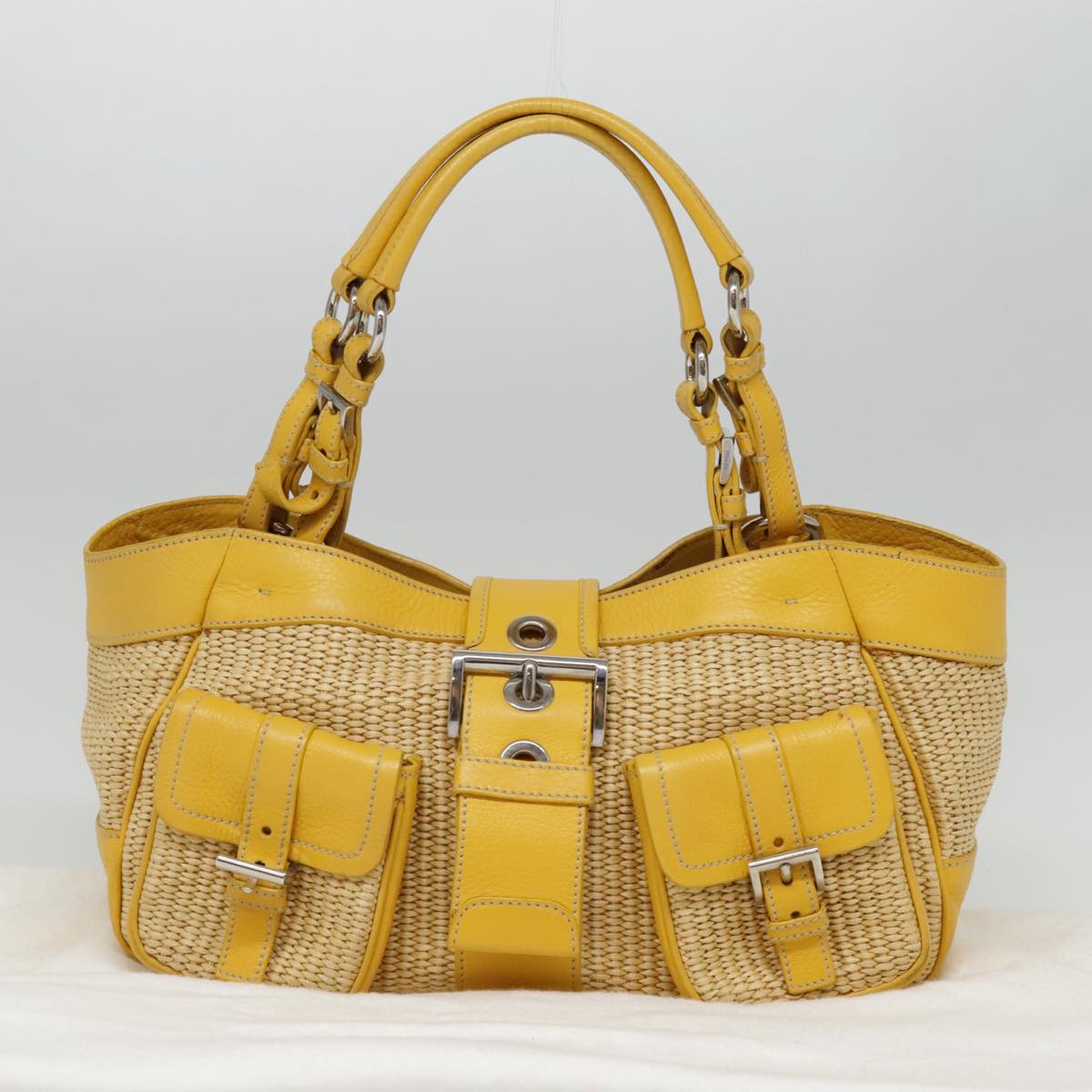 PRADA Tote Bag Straw Beige Yellow Silver Auth 92434