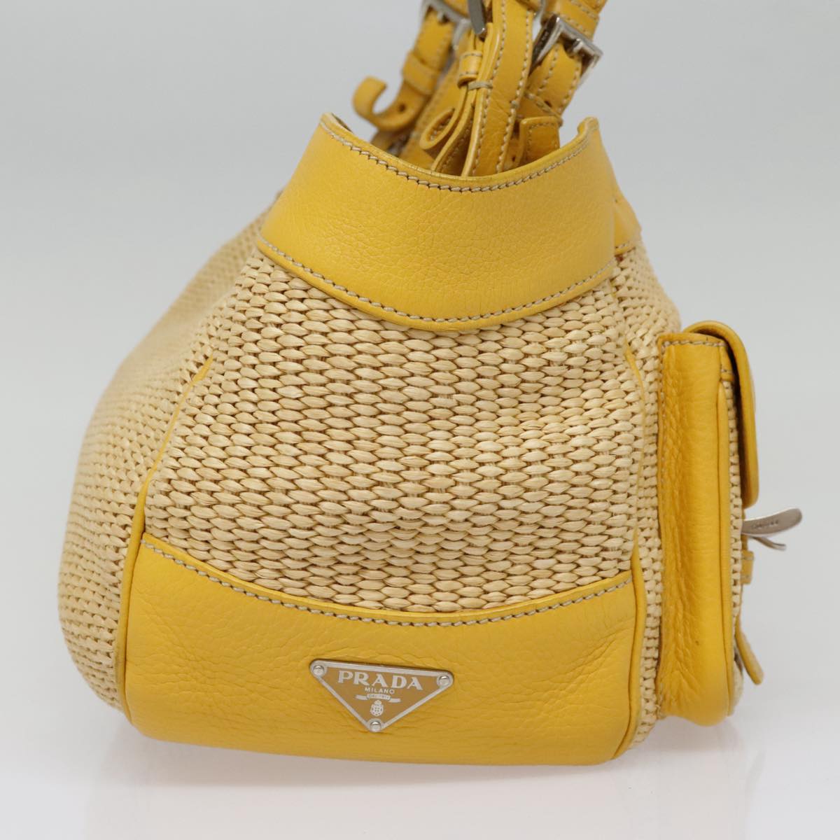 PRADA Tote Bag Straw Beige Yellow Silver Auth 92434