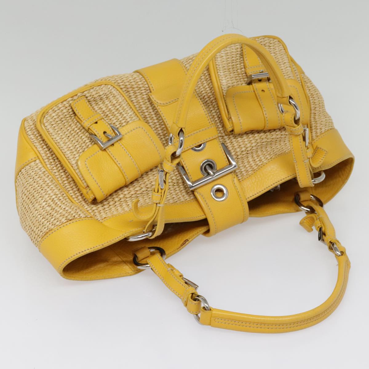 PRADA Tote Bag Straw Beige Yellow Silver Auth 92434