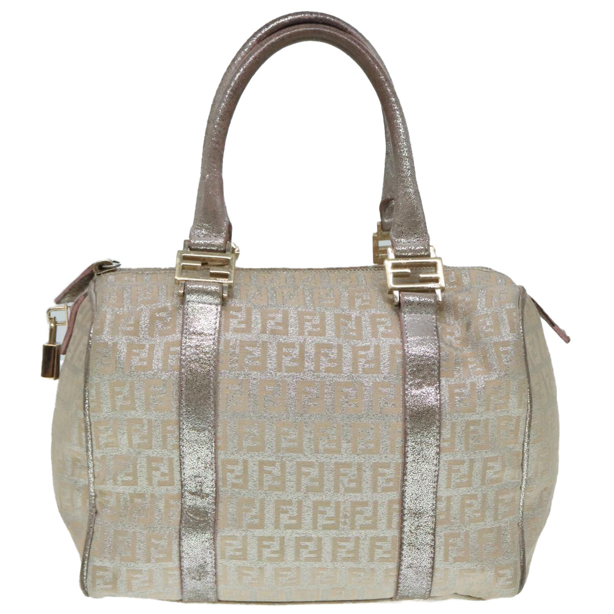 FENDI Zucchino Canvas Hand Bag Silver Beige Gold Auth 92437