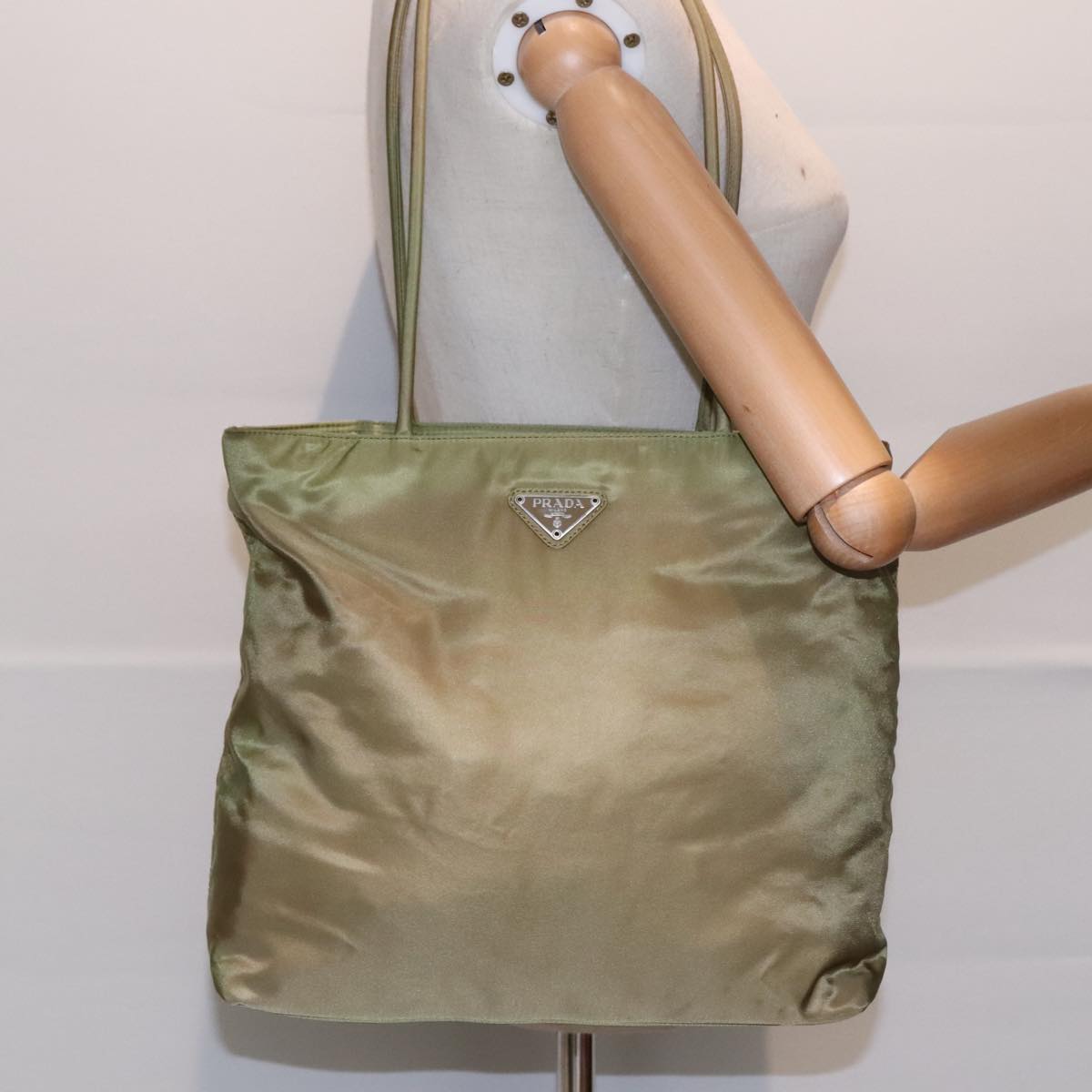 PRADA Tote Bag Nylon Green Silver Auth 92439