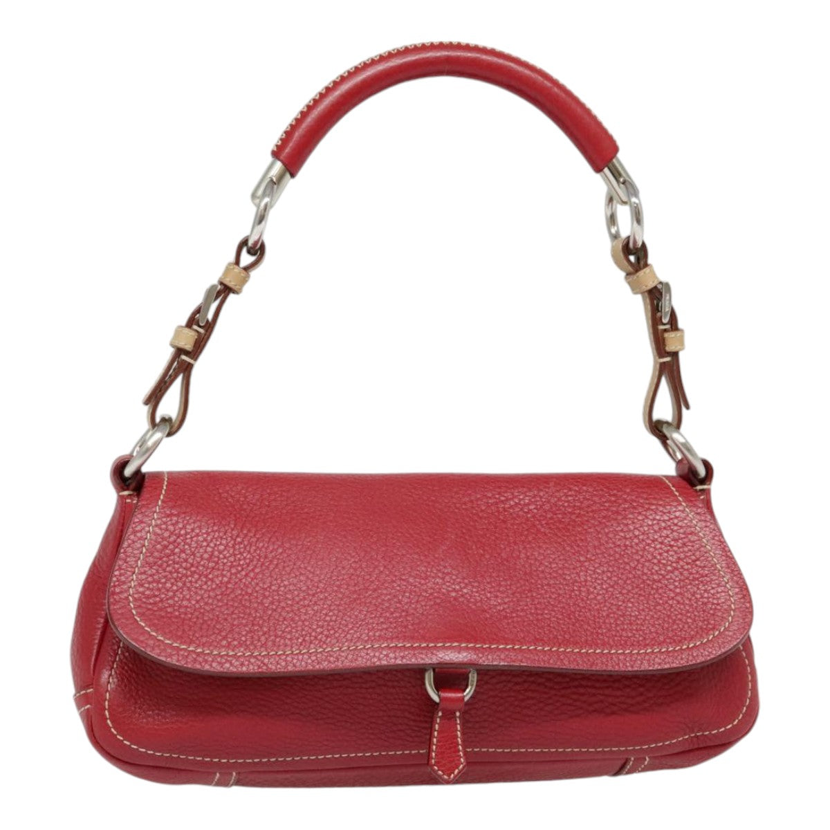 PRADA Shoulder Bag Leather Red Silver Auth 92460