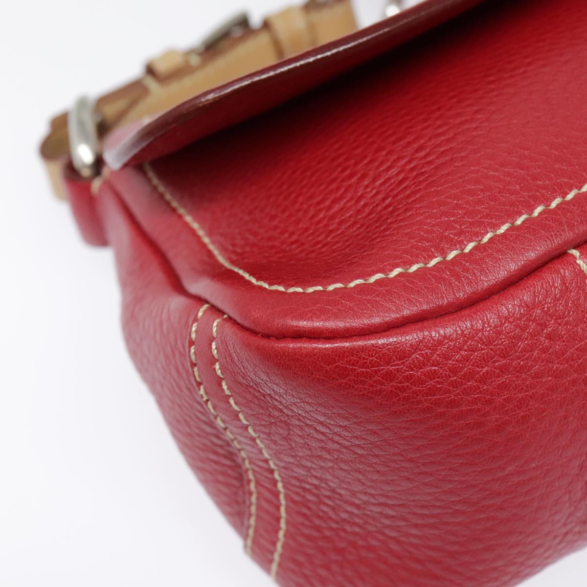 PRADA Shoulder Bag Leather Red Silver Auth 92460