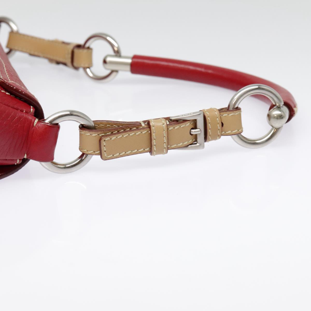 PRADA Shoulder Bag Leather Red Silver Auth 92460