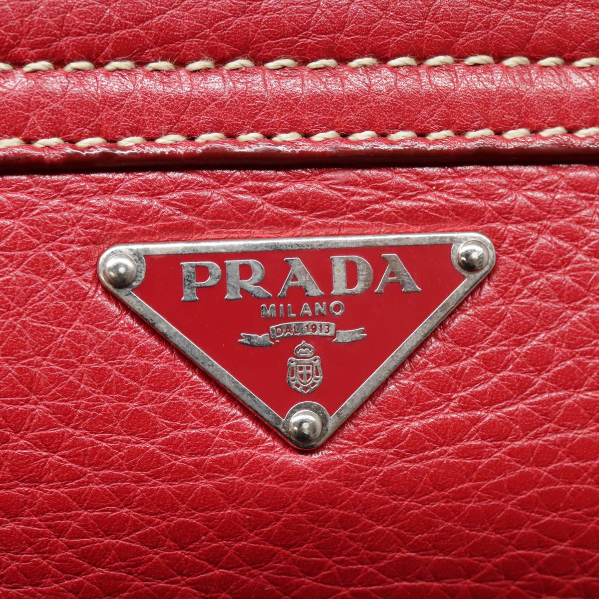 PRADA Shoulder Bag Leather Red Silver Auth 92460