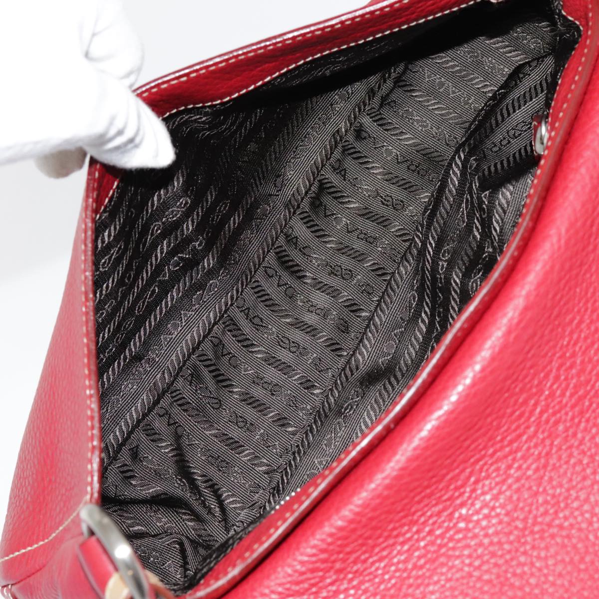 PRADA Shoulder Bag Leather Red Silver Auth 92460