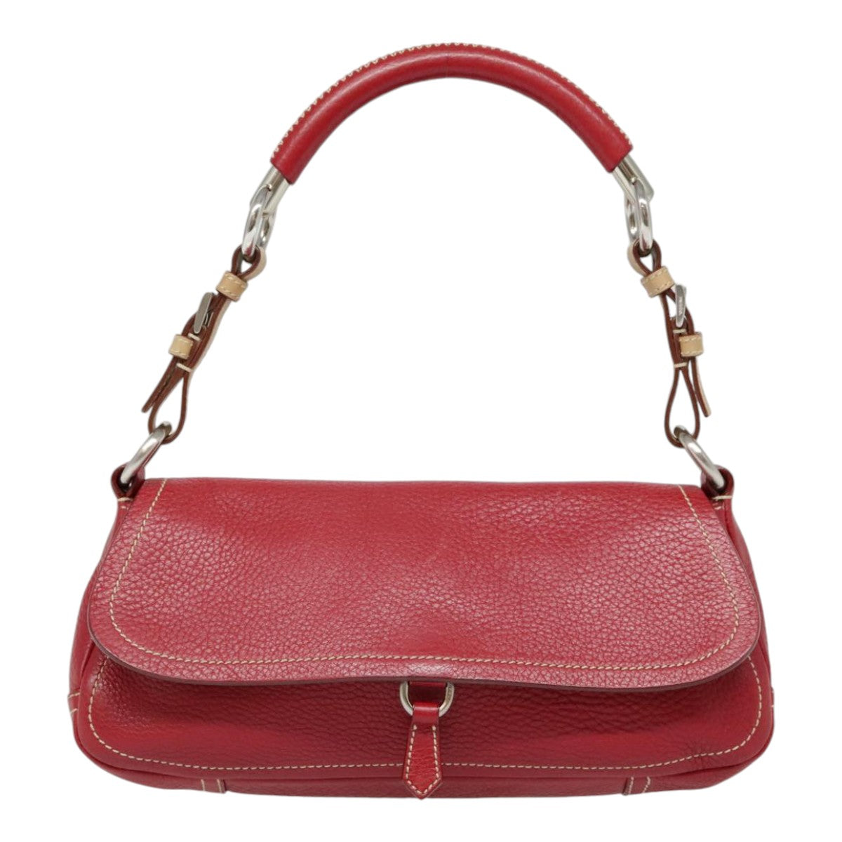 PRADA Shoulder Bag Leather Red Silver Auth 92460