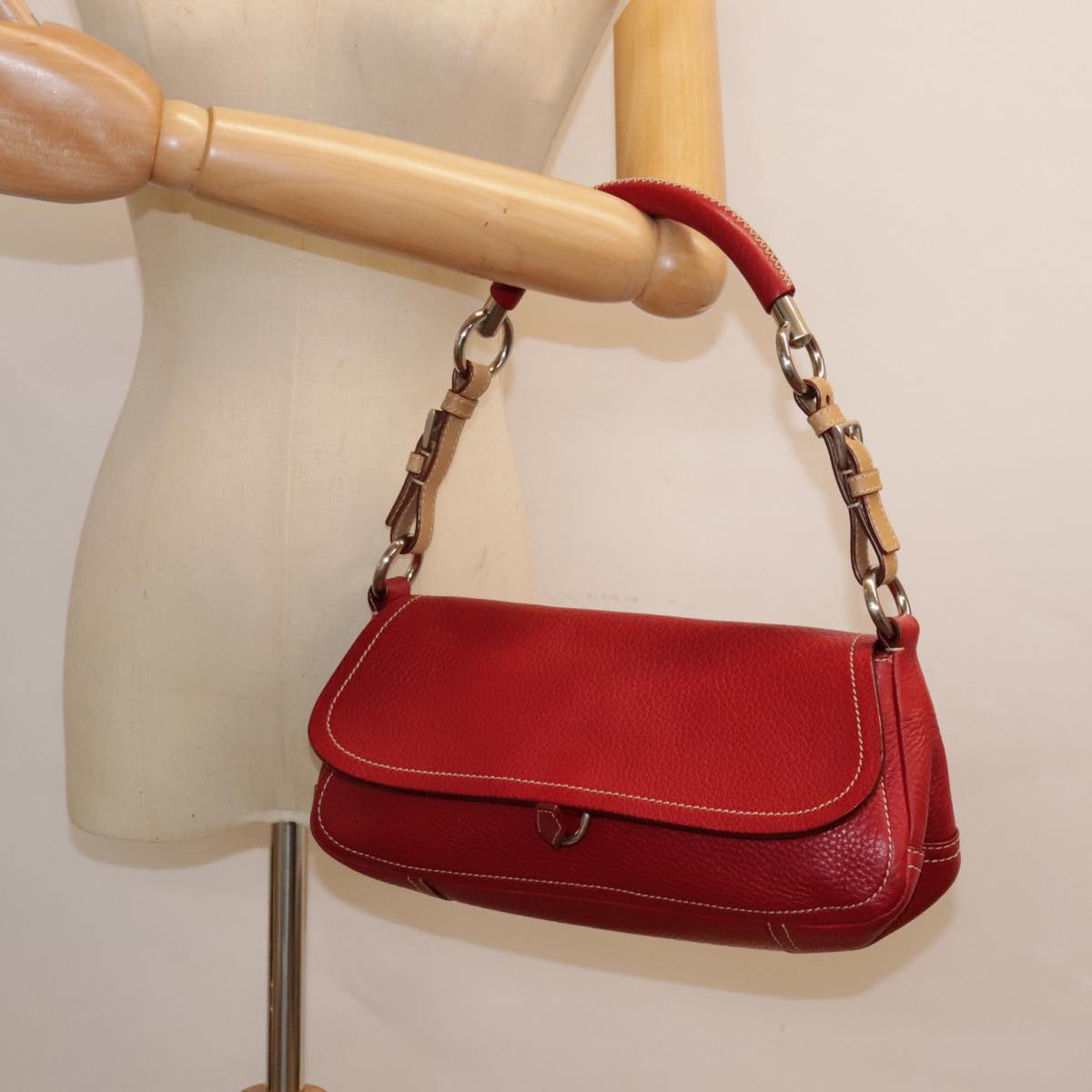 PRADA Shoulder Bag Leather Red Silver Auth 92460