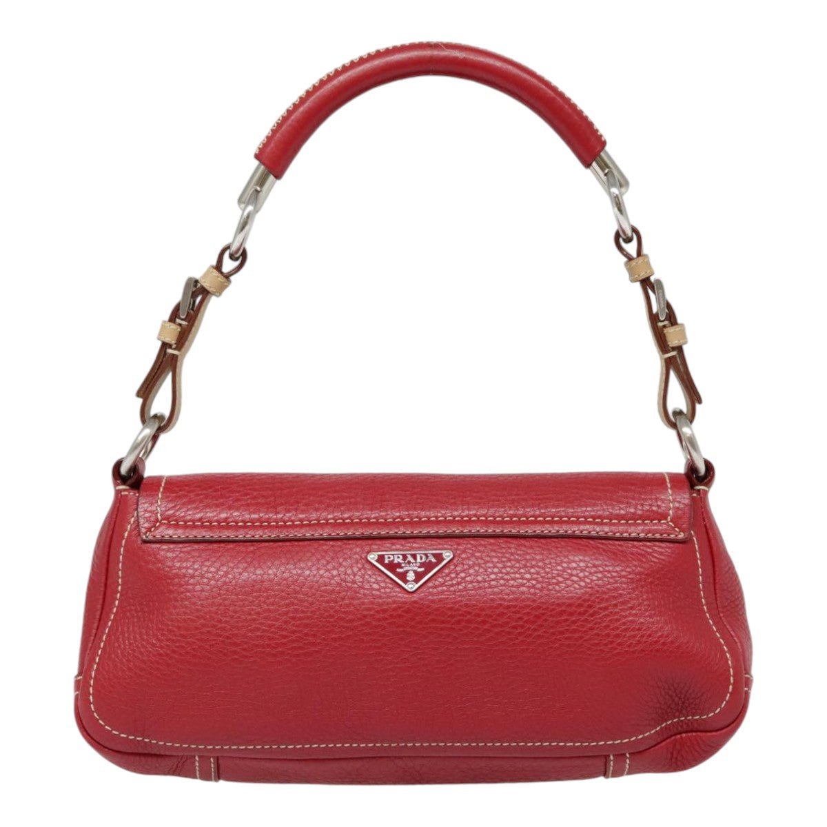 PRADA Shoulder Bag Leather Red Silver Auth 92460