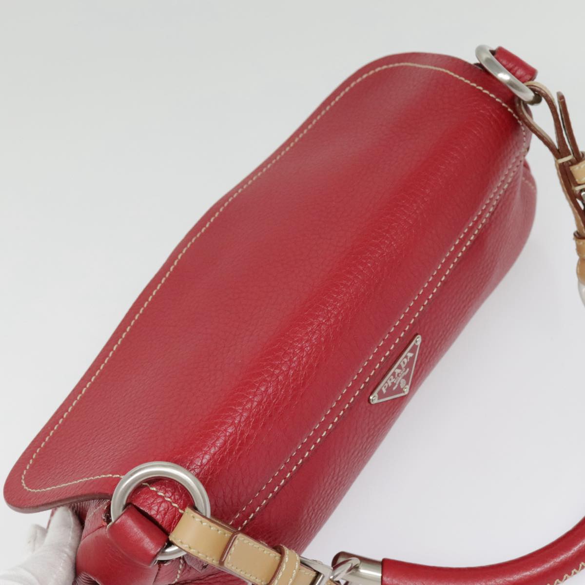 PRADA Shoulder Bag Leather Red Silver Auth 92460