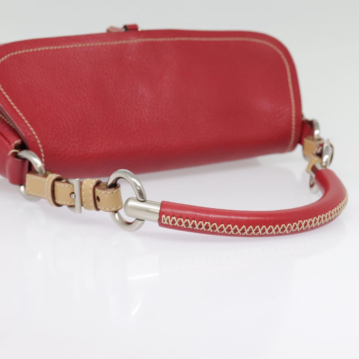 PRADA Shoulder Bag Leather Red Silver Auth 92460