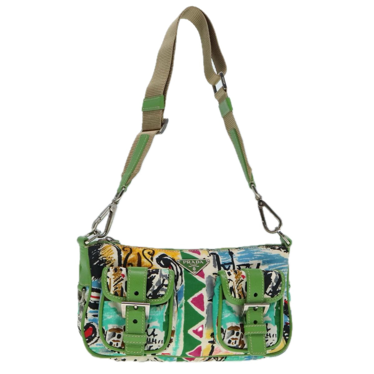 PRADA Shoulder Bag Nylon Green Silver Auth 92462