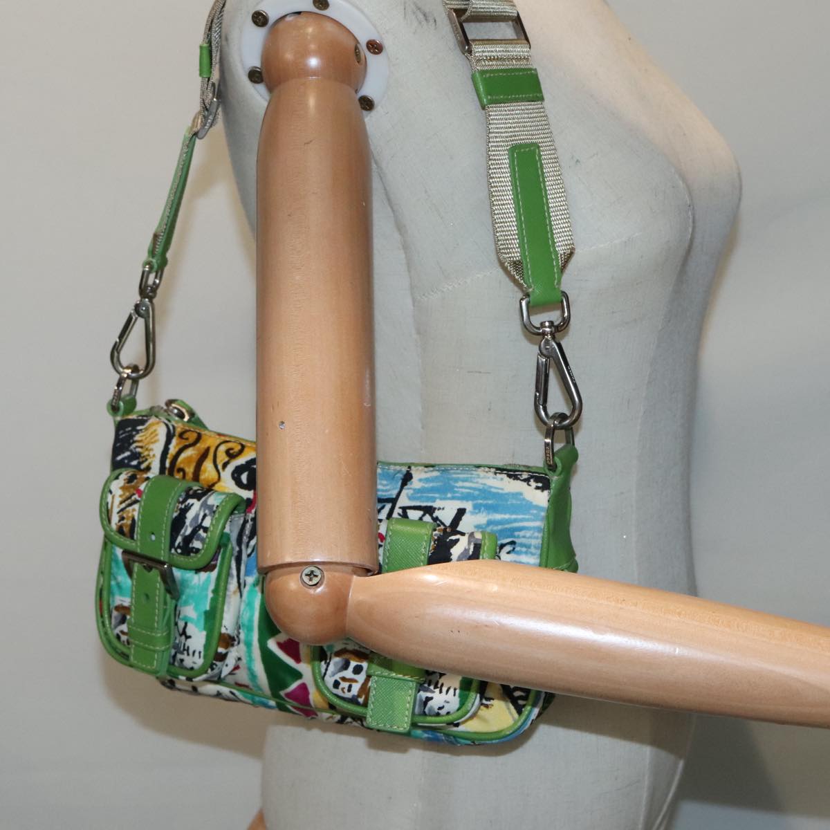 PRADA Shoulder Bag Nylon Green Silver Auth 92462