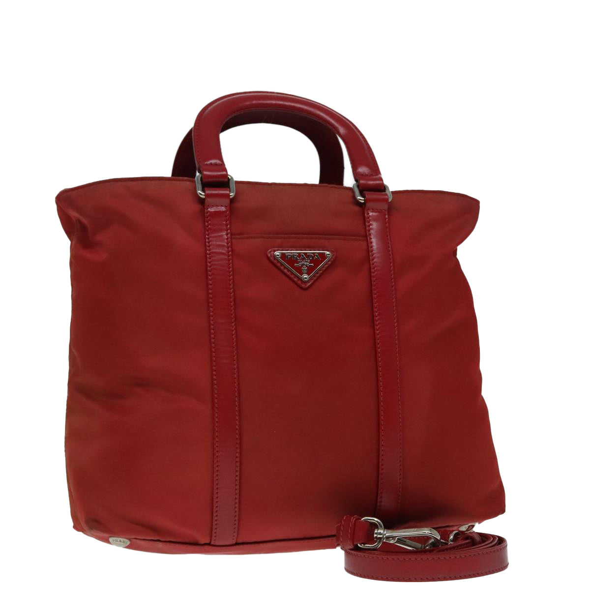 PRADA Hand Bag Nylon 2way Red Silver Auth 92474