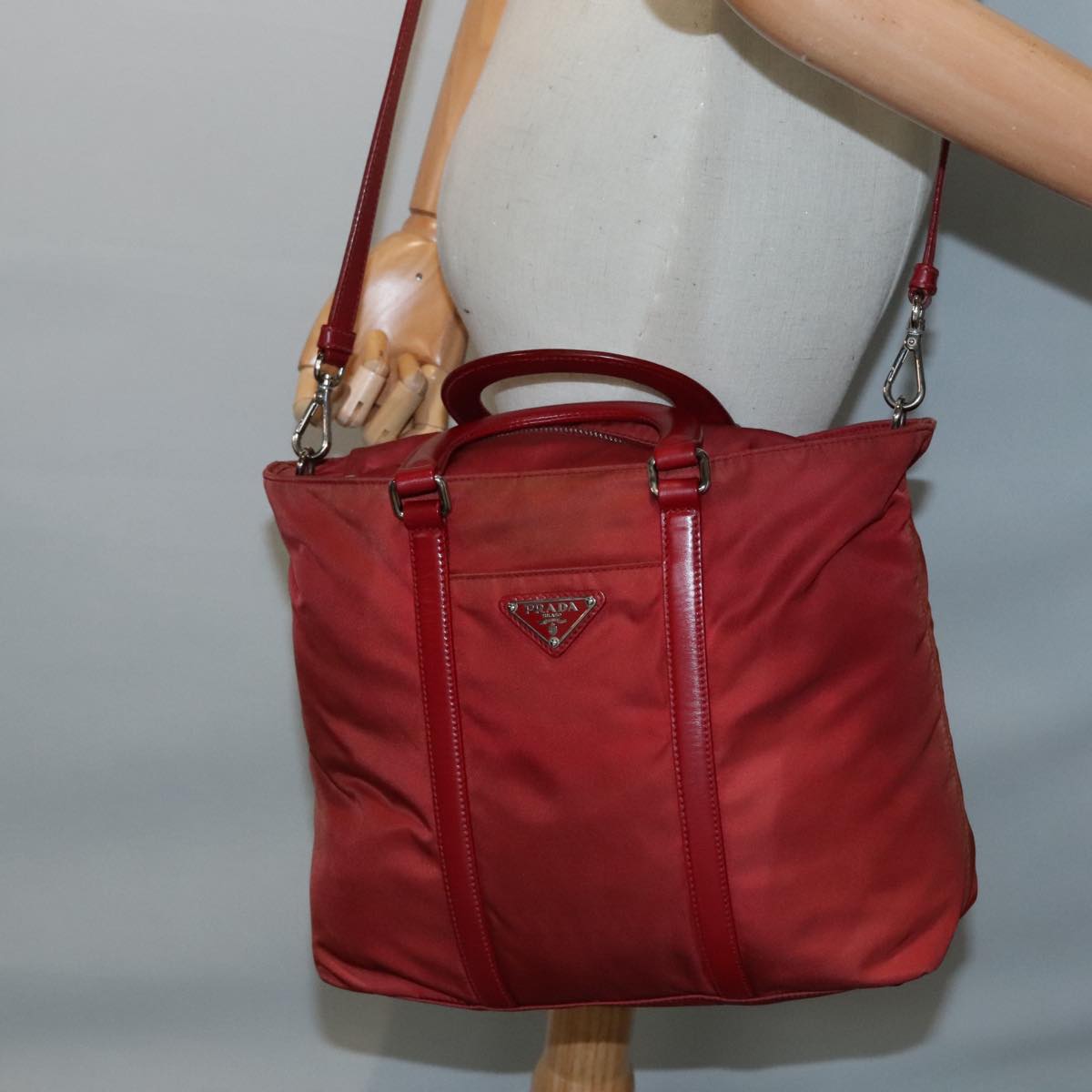 PRADA Hand Bag Nylon 2way Red Silver Auth 92474